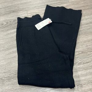 Black Ribbed Pants Sweater Fabric Cropped L Waist Tie Wide Leg